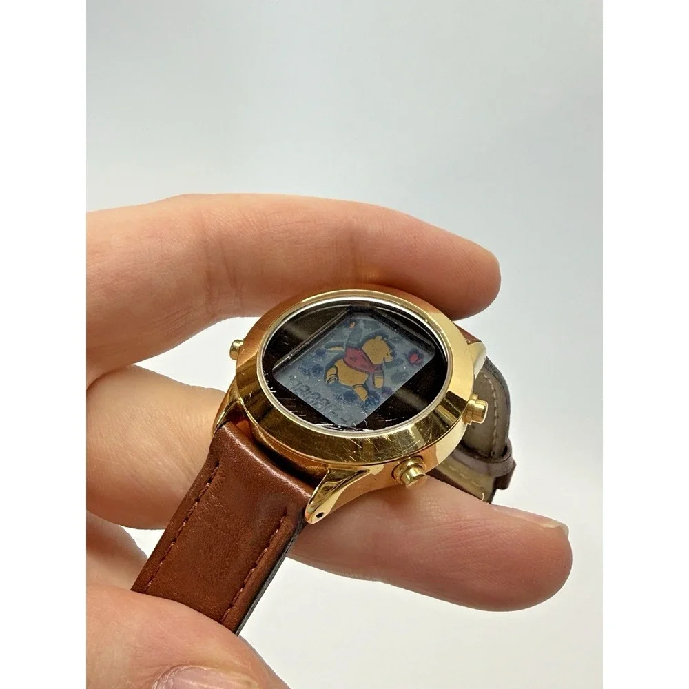 Vintage Disney Pooh Bear Watch S11 Flowers Butterfly Colorful Gold Brown Leather